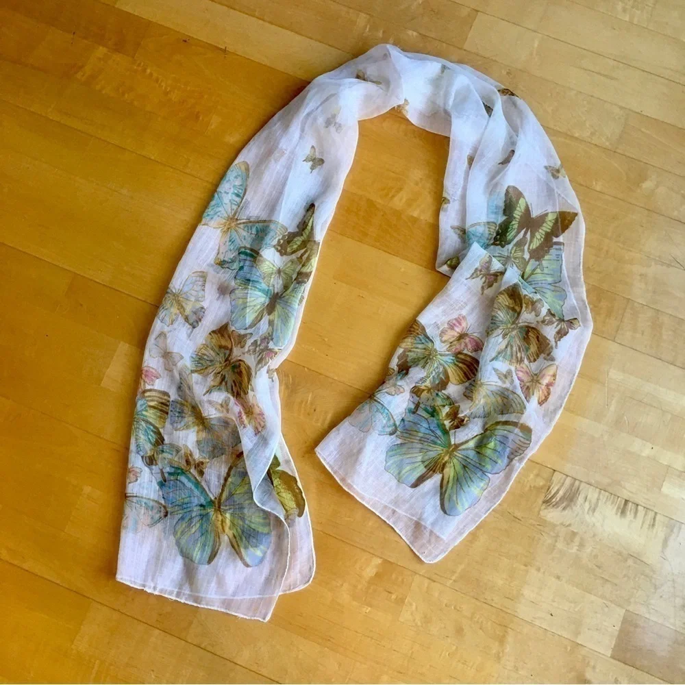 Butterfly Print Sheer, Lightweight Scarf, Ivory, Cream, Ecru, Colorful